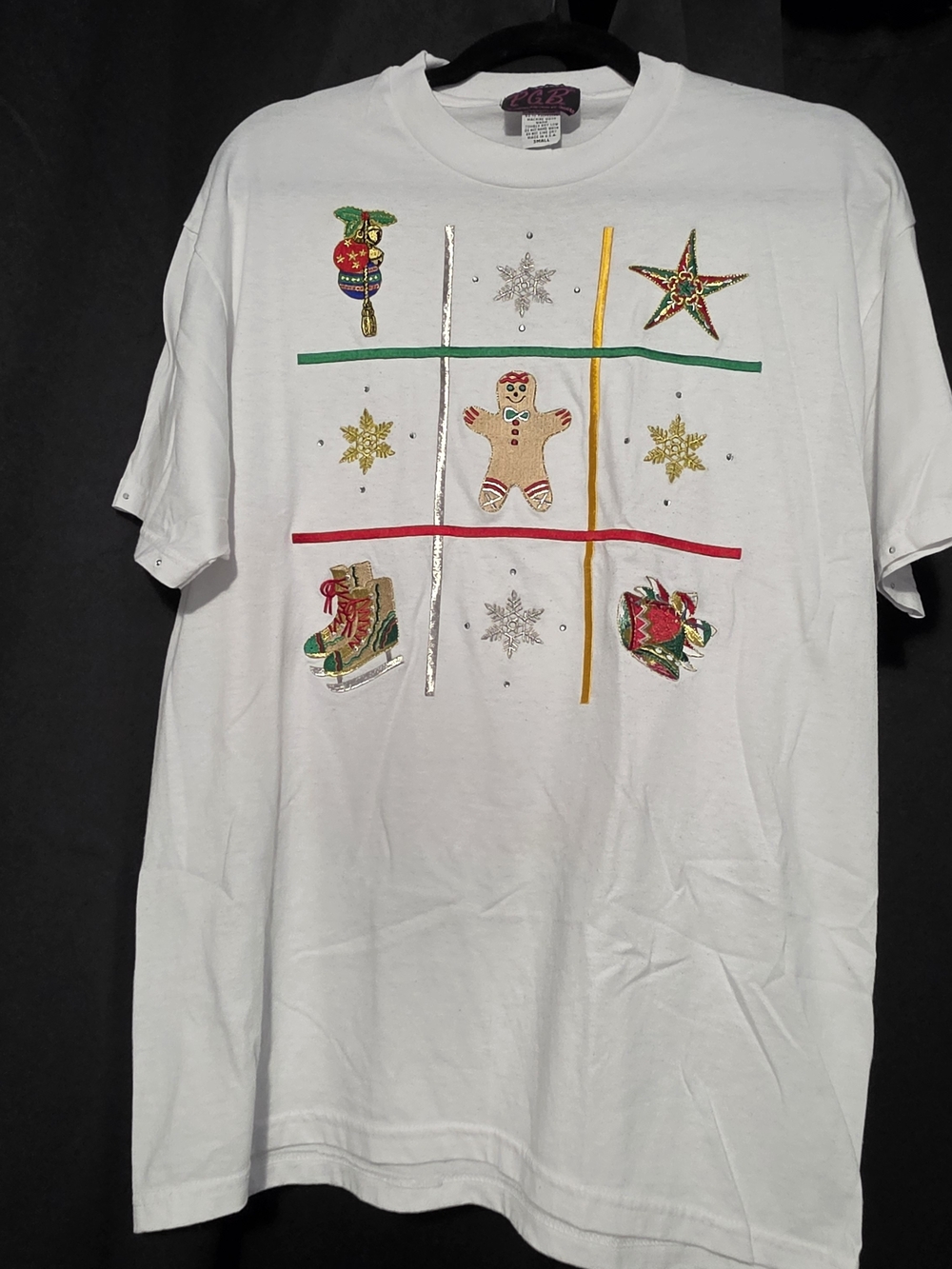 Christmas White Short-Sleeve Holiday Embroidered Tic-Tac-Toe Tee